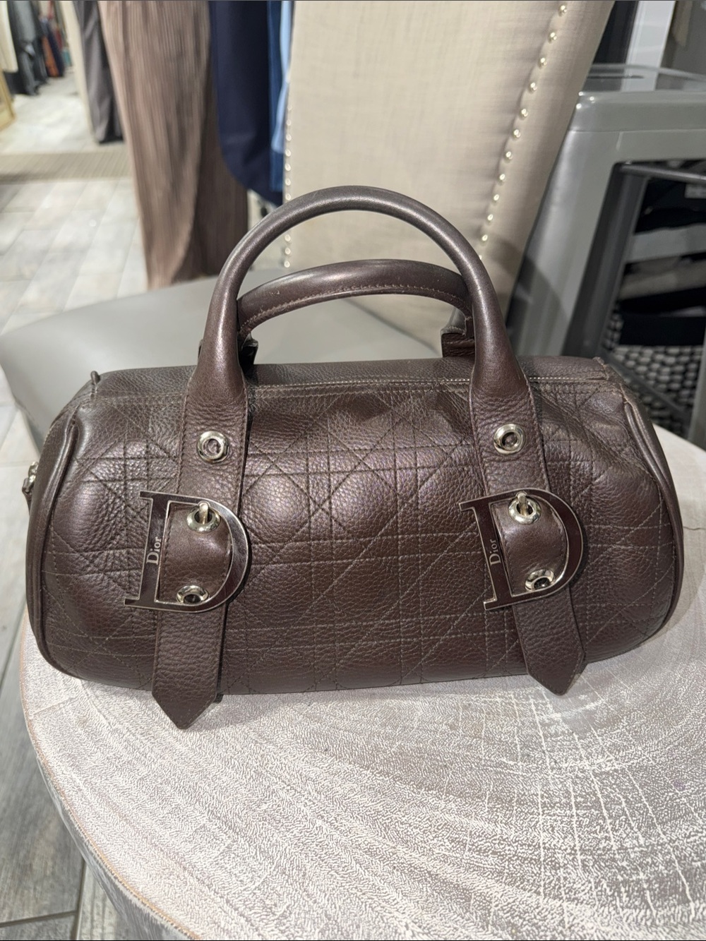 Dior Brown Quilted Leather Barrel Tote with 'D' Hardware